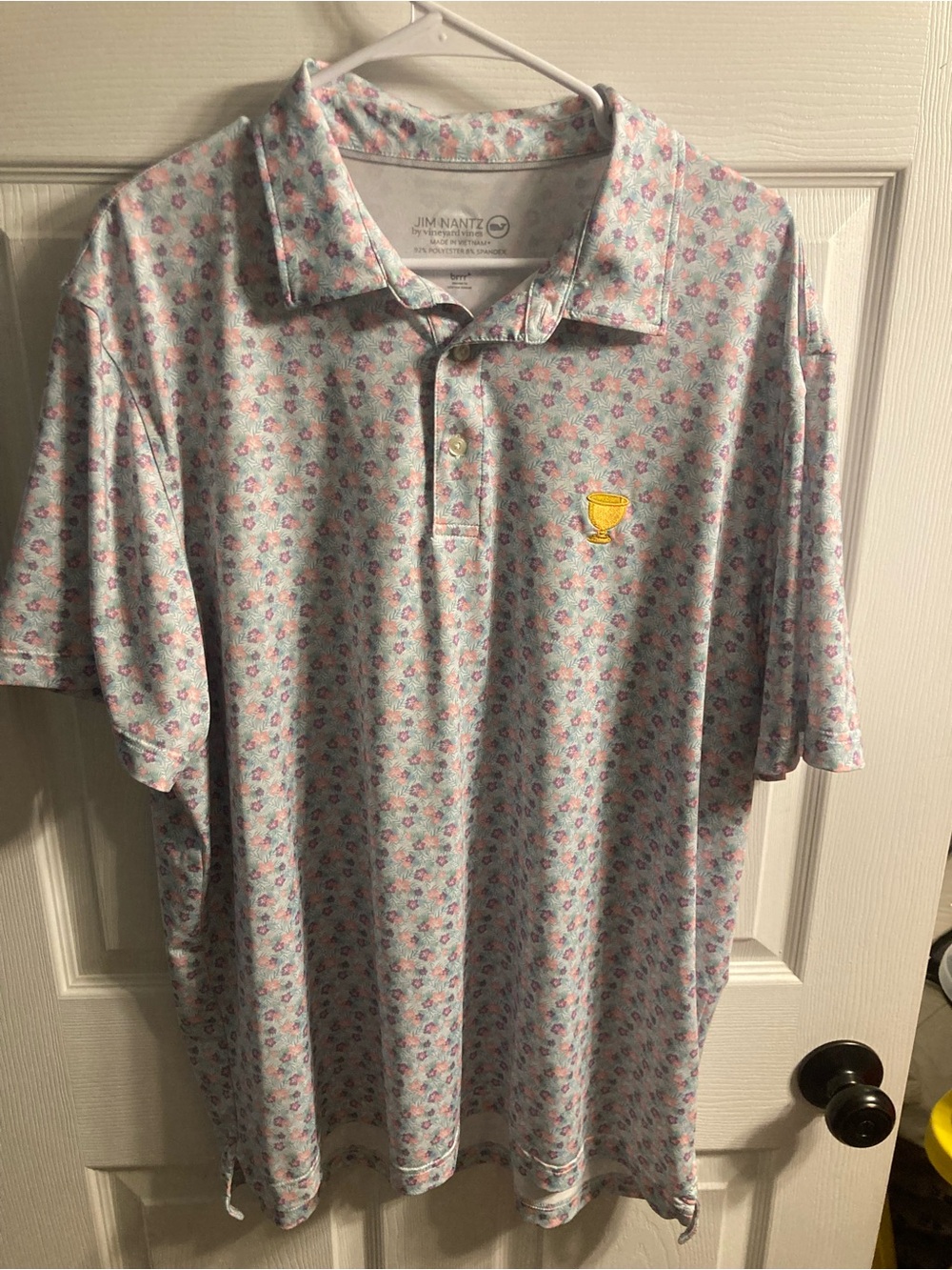 Vineyard Vines Light Blue Polo with Pink Floral Print and Yellow Trophy Emblem